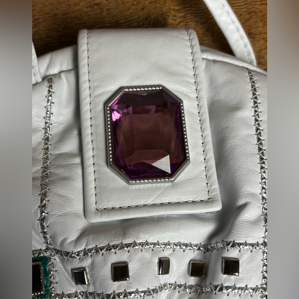 VTG Jeweled White Leather USA Purse 80s 90s Retro Colorful Bling Shoulder Bag - Picture 3 of 12
